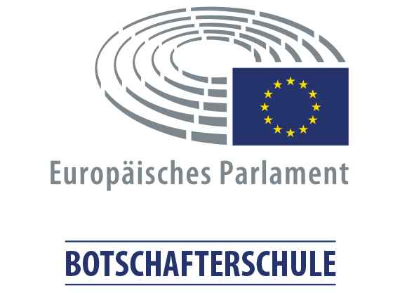 Europäische Fahne, graue Kreise ineinander, Schriftzug Europäisches Parlament Botschafterschule